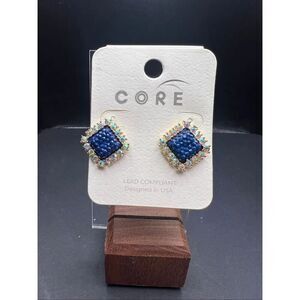 New! Core Gold Tone Diamond Shape Dark Blue Iridescent Rhinestone Earrings